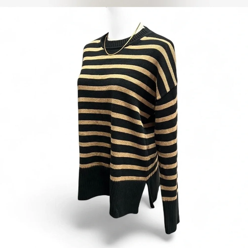 |J.Crew| Black Tan Striped Crewneck Relaxed Sweater 100% Cotton Woman's Small